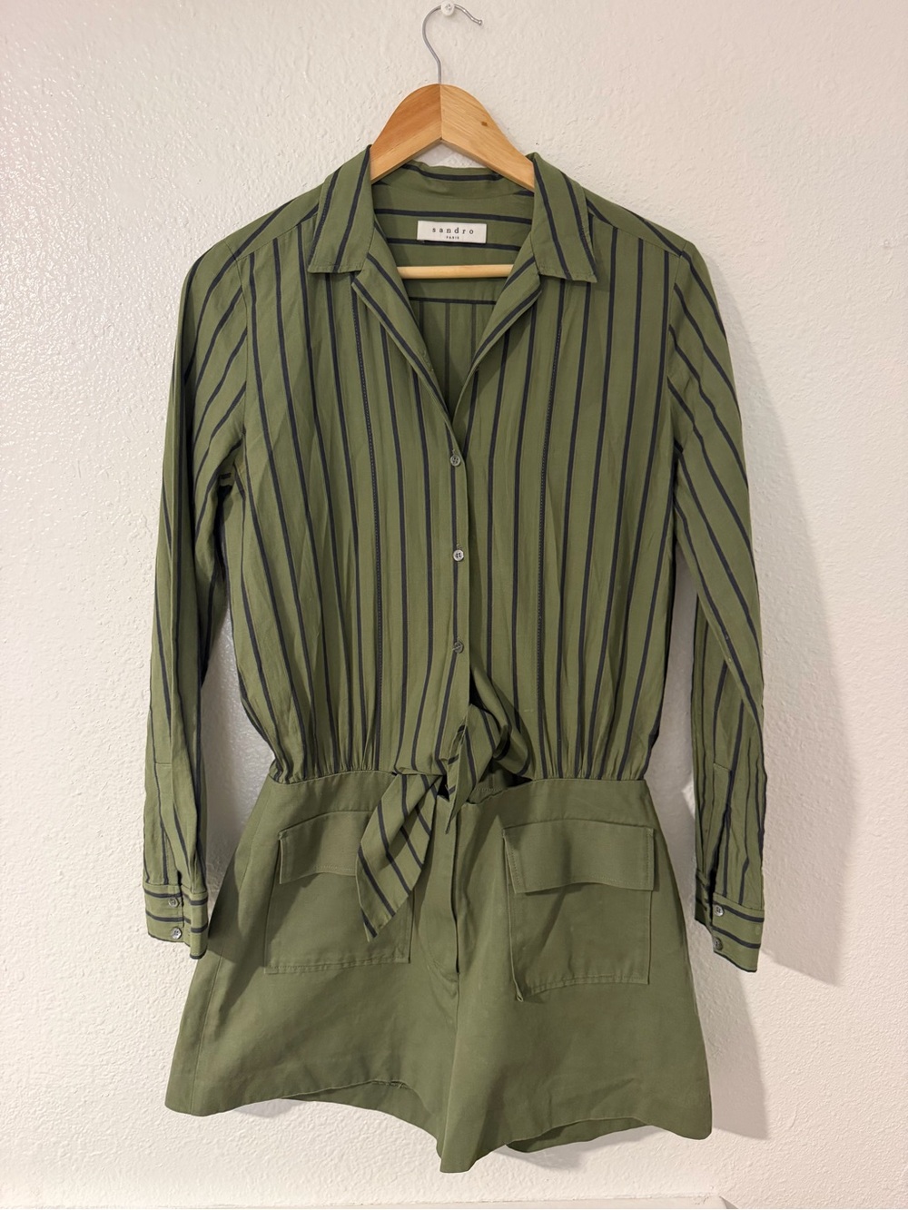 Sandro Olive Striped Long-Sleeve Tie-Waist Romper